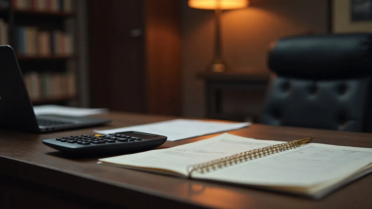 Kalkulator, otwarty notes i dokumenty na biurku w pustym biurze